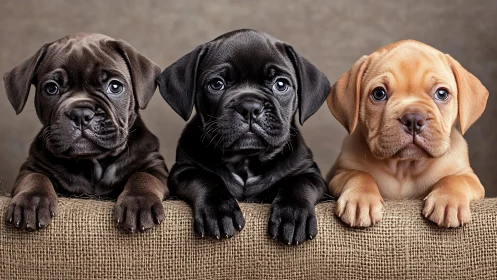 Three puppy portraits in studio with textured burlap foreground.