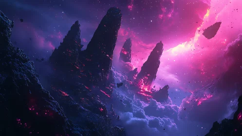 Shattered nebula spires over glowing volcanic cloudscape.