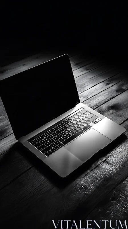 Open laptop on dark wooden desk in dramatic side light.