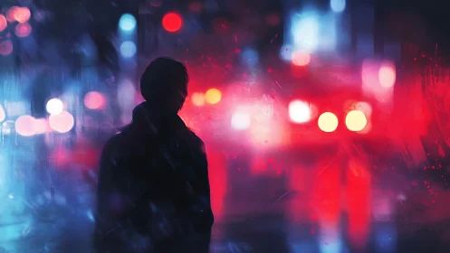 Silhouetted figure in neon-lensed nocturnal urban diffraction.