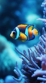 Clownfish swims above blue coral in soft-focused reef scene