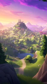 Sunlit hilltop castle watching over a peaceful green valley.