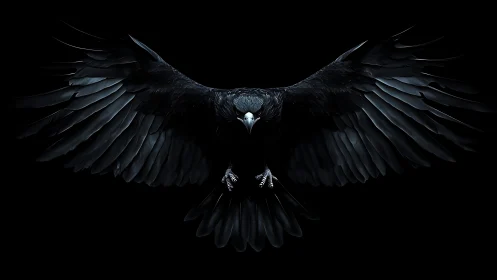 Photorealistic black raven with wings outstretched on void background.