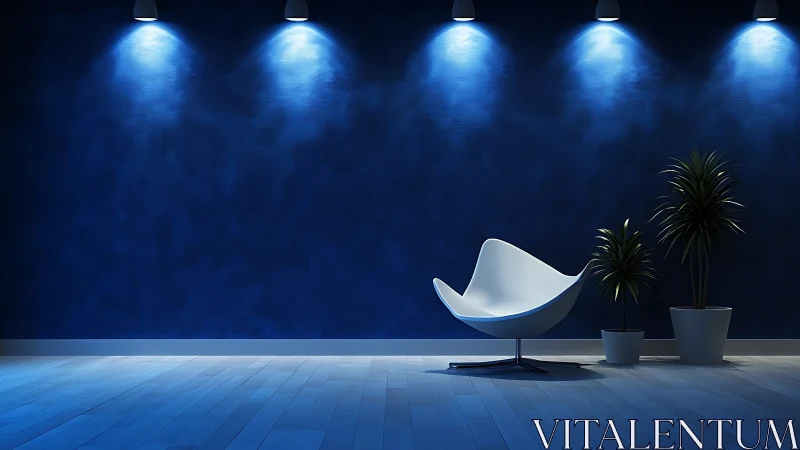 Modern lounge interior with blue wall, chair and plants.