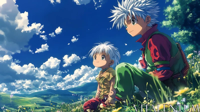 Sunny hilltop moment with two anime friends relaxing together.