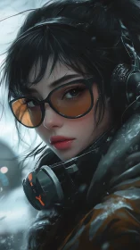 Snowbound cyber girl gazes through amber-tinted lenses