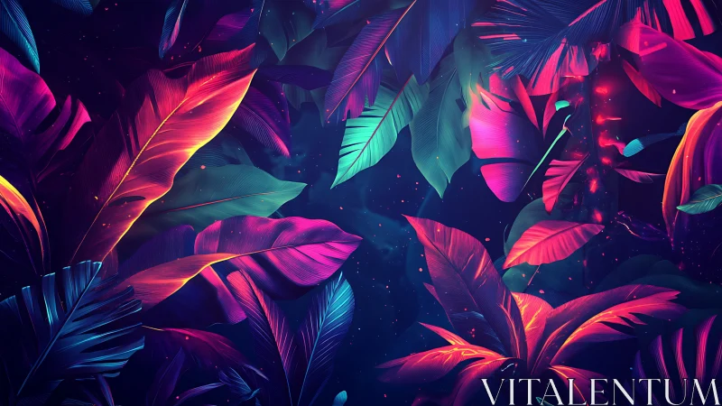 Neon jungle leaves glow gently against a dreamy night sky