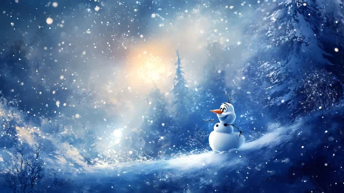 Snow-covered conifer forest with stylized snowman under diffuse glow