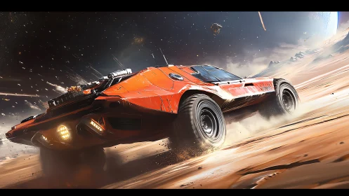 High-speed red rover drifts across desert planet with dynamic dust simulation