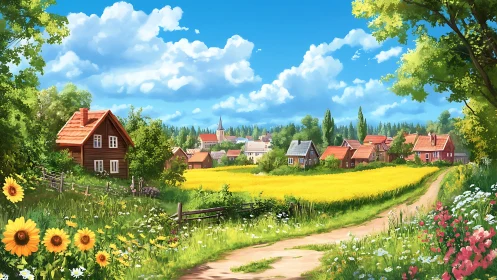 Luminous rural village panorama with floral field dynamics.