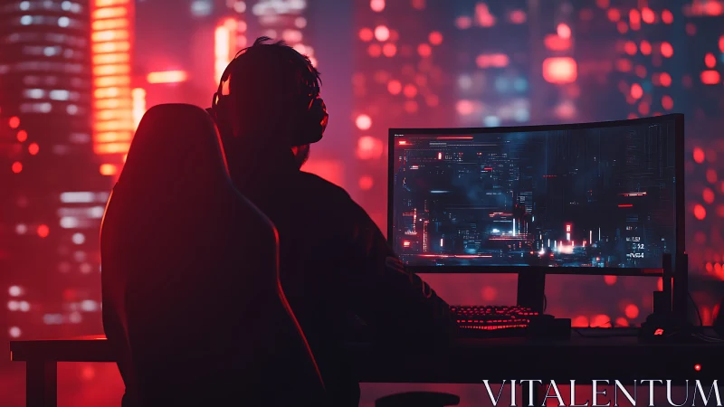 Cyber gamer monitors neon cityscape through curved display.