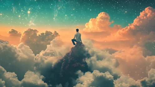 Solitary figure contemplating nebula skies above clouds.