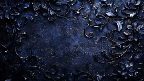 Dark blue floral border over textured stone background.