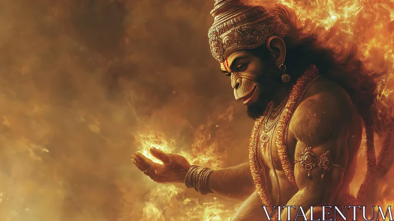 Fire-crowned monkey warrior cradles divine embers in dusk.