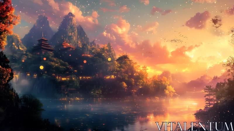 Lanterns drift over tranquil temples at a glowing sunset