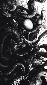 Tentacled monster lunges forward with gaping fanged mouth