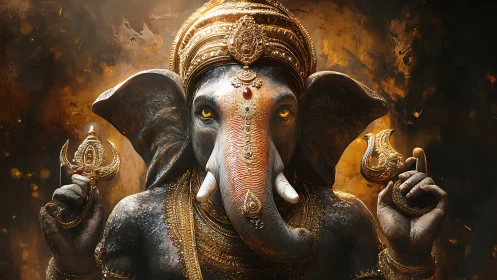 Golden Ganesha radiates calm wisdom in warm glowing light