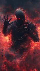 Molten-eyed shadow emerges from a raging inferno of fire