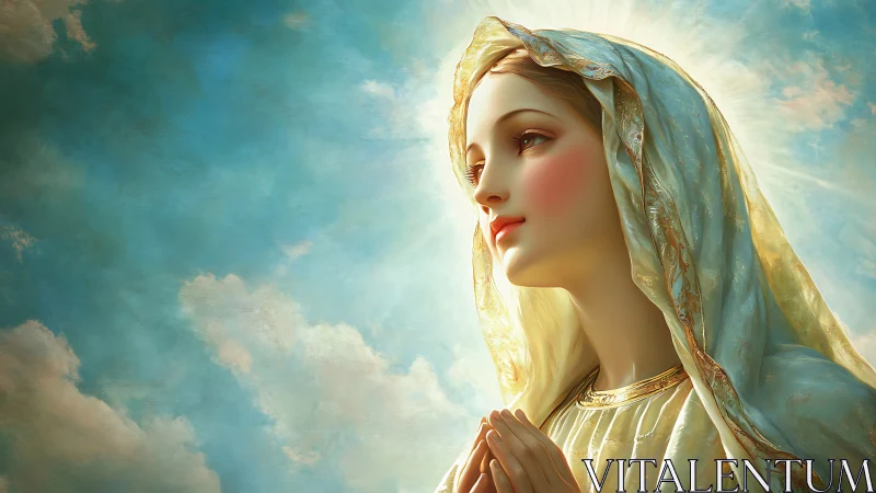 Young veiled woman prays against bright clouded sky
