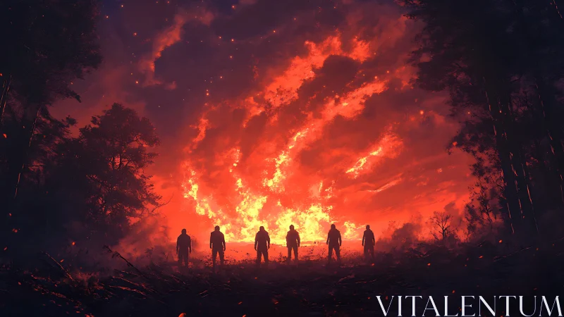 Six Silhouettes Witness Apocalyptic Inferno Unfolding.