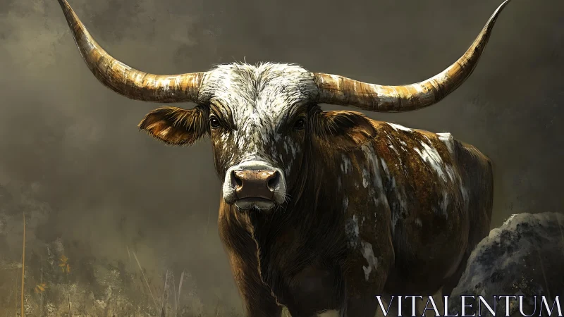 Stormlit longhorn stands defiant in swirling prairie dusk.