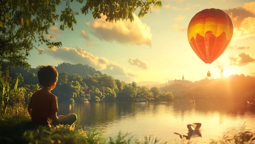 Daydreaming lakeside kid watching sunrise hot air wonder.