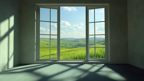 Sunlit window quietly opens a painted doorway to rolling fields