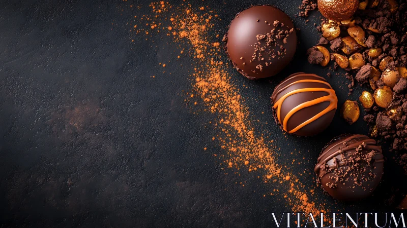 Chocolate truffles with cocoa powder on dark stone background.