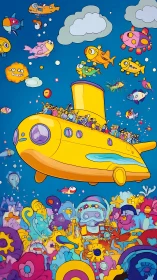 Playful yellow submarine sailing through a cartoon sea of joy.