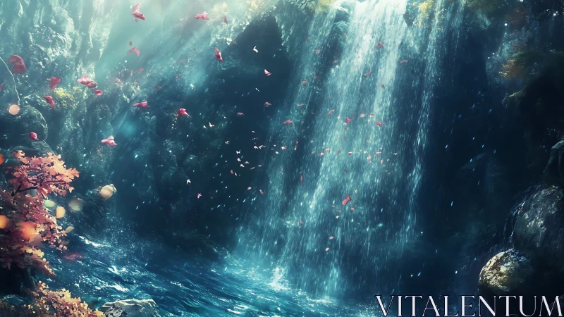 Enchanted gorge waterfall with drifting crimson petals.