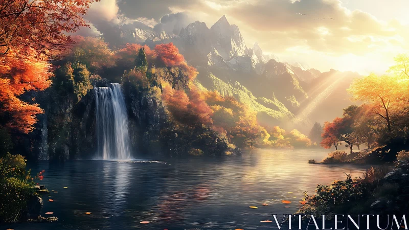 Sunlit waterfall sanctuary under ember-bright autumn crowns.