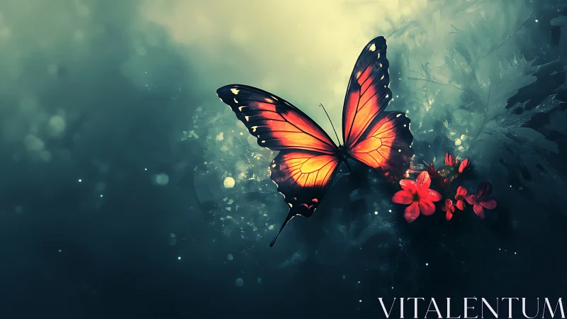 Luminous butterfly drifts above quiet flowers at dusk.