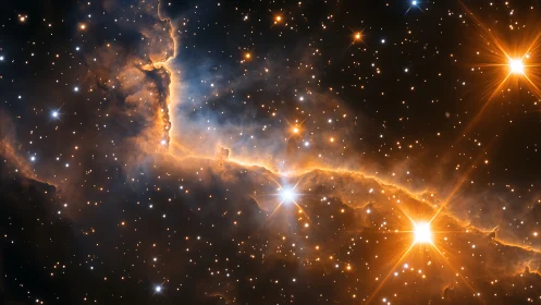 Star-forming nebula glows with ionized gas and dust ridge.