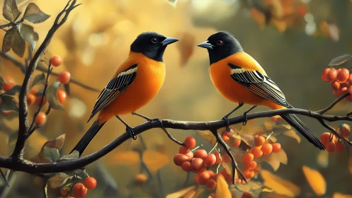 Two Vibrant Orioles on a Branch in Autumn, Realistic Style.