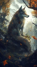 Lone wolf poised on mossy cliff amid swirling autumn leaves.