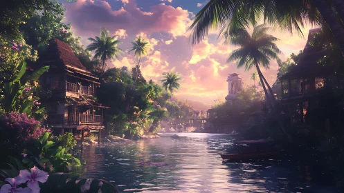 Tropical riverside settlement at sunset with architectural structures
