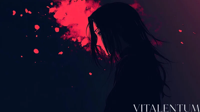 Solitary silhouette glows against crimson abstract burst.