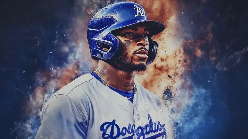 Electric ballplayer framed by cosmic clouds of color.