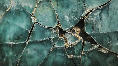 Cracked Green Glass Close-Up with Textured Abstract Patterns.