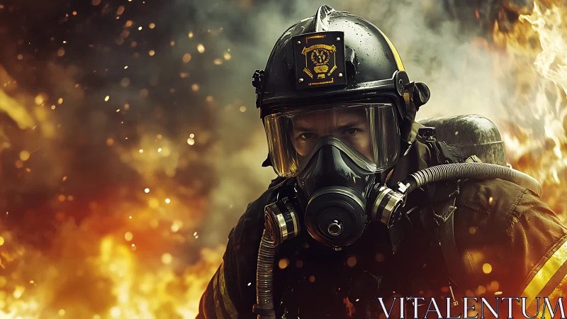 Firefighter Amid Inferno: Portrait Surrounded by Flames.