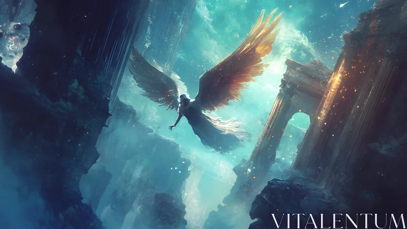 Fallen seraph ascending through luminous ruined temple sky.