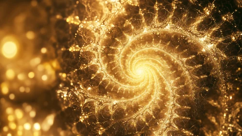 Golden fractal spiral radiates intricate luminous geometry.