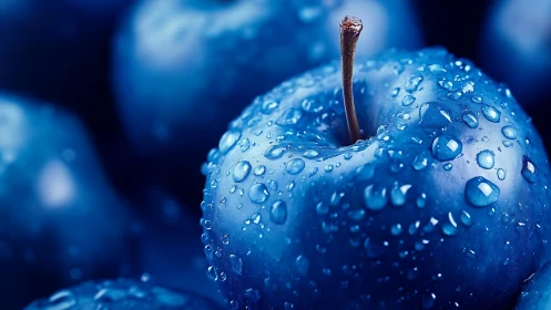 Saturated blue apple macro with glistening water droplets.