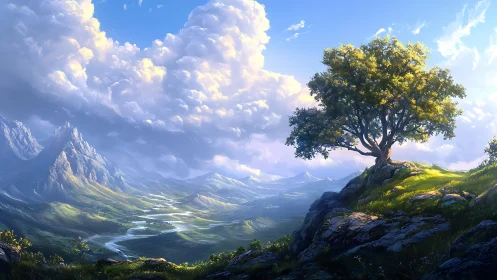 Lone sunlit tree above luminous river valley panorama.