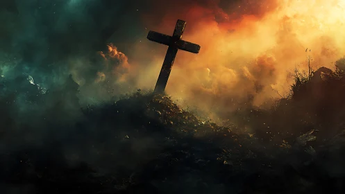 Lone weathered cross rises through burning twilight clouds.