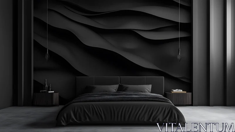 Monochrome bedroom embraces sculpted black wall waves.