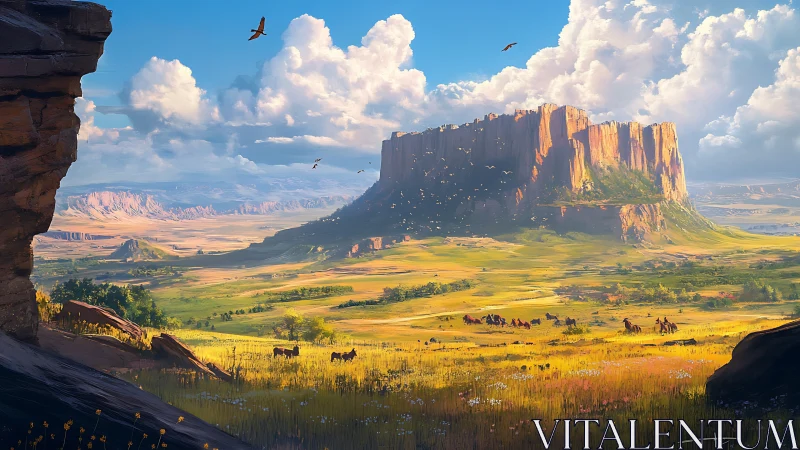 Sunlit mesa and riders welcome a wide open frontier day