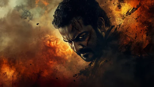 Intense warrior portrait in fiery cinematic explosion scene.