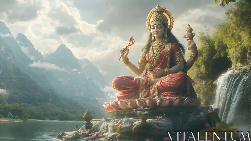 Divine goddess statue rests on lotus amid serene waterfalls.