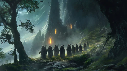 Hooded travelers approach a glowing citadel in misty forest.